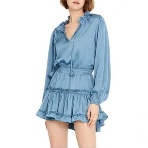 Misa Los Angeles Lorena Dress Satin Long Sleeve Smocked Waist Ruffle Sz S